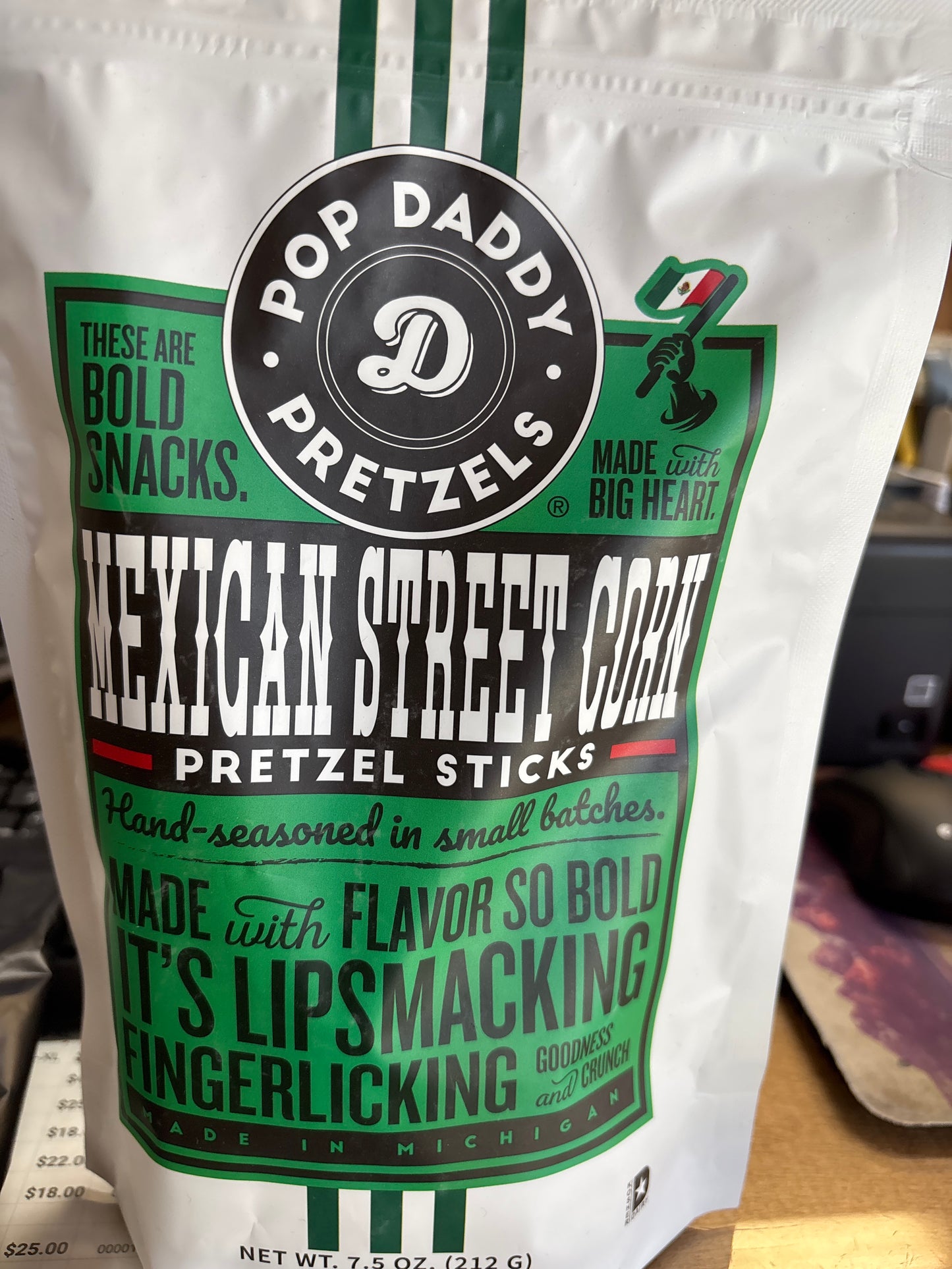 Pop daddy, pretzels, Mexican street corn