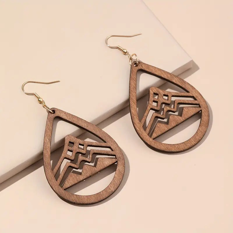 Teardrop Mountain Scene Wooden Earrings