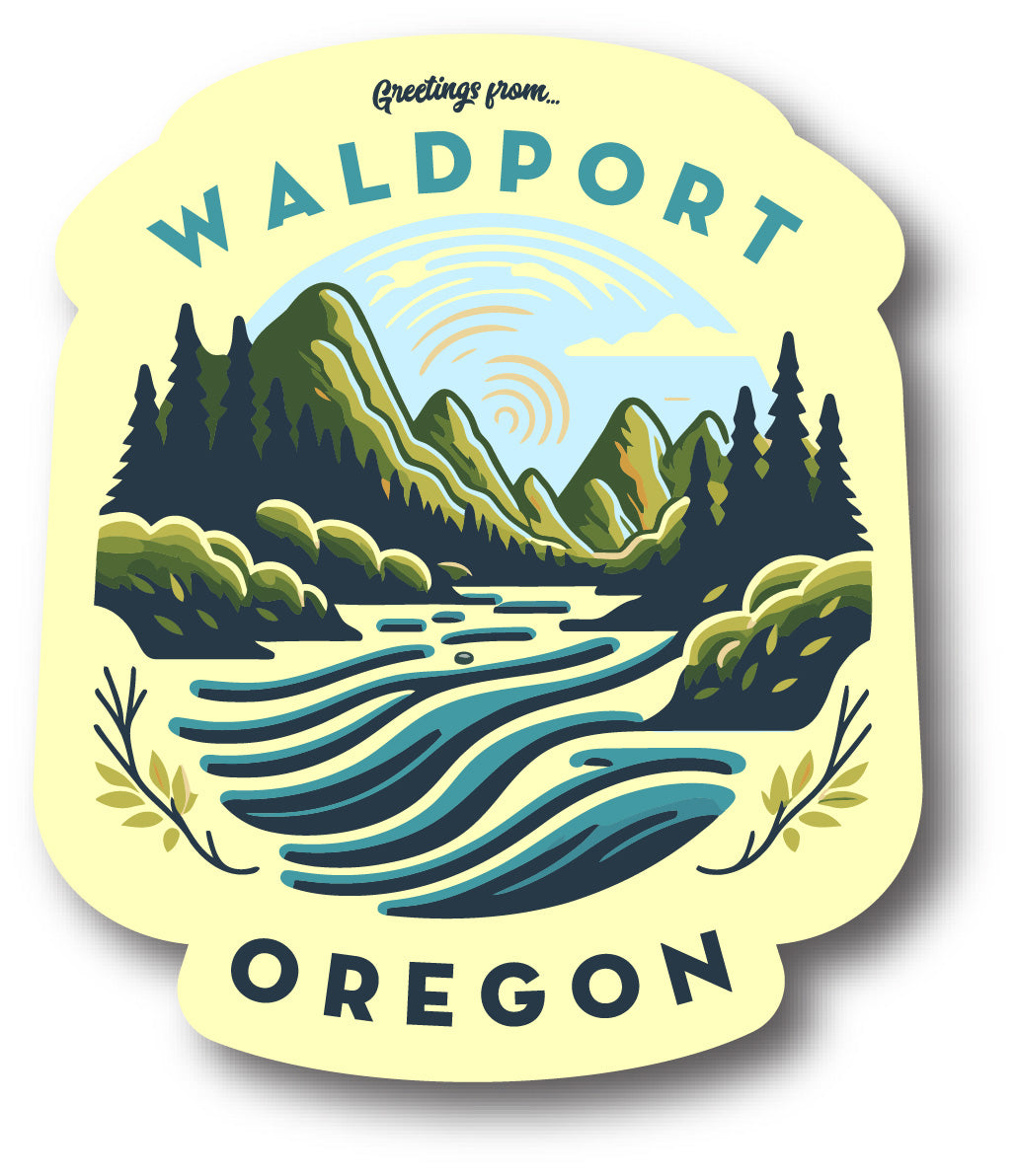 Greetings from Waldport River Scene Badge Sticker