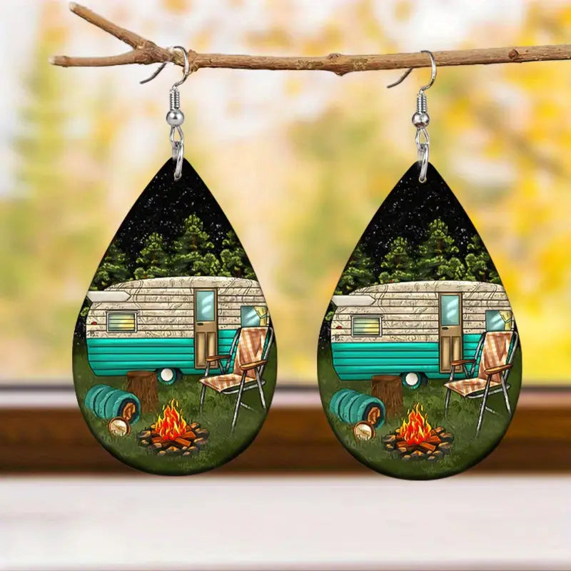 Vintage Camper Scene Leather Earrings
