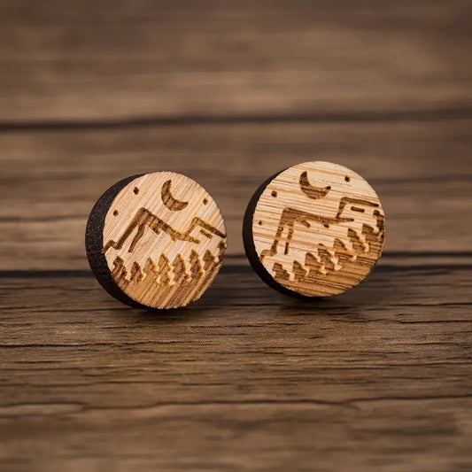Mountain Moonlight Scene Round Wooden Stud Earrings