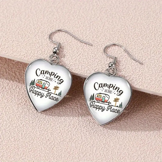 Camping is My Happy Place Heart Shaped Earrings