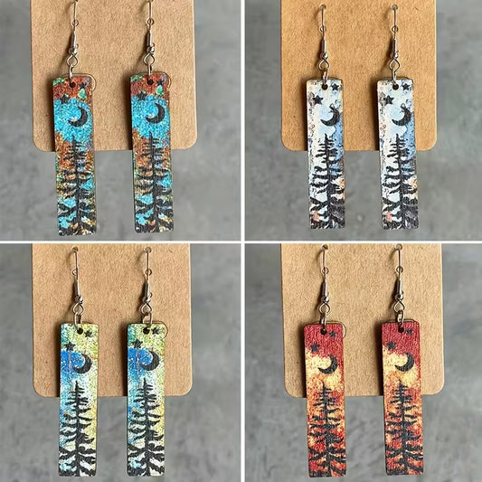 Tree + Stars Strip Wooden Earrings