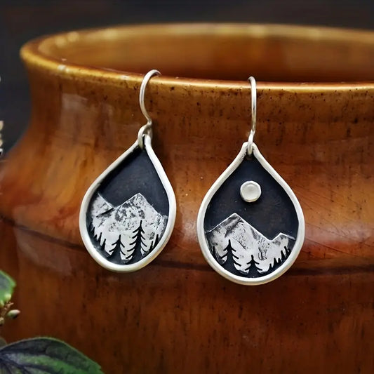 Teardrop Mountain Scene Metal Earrings