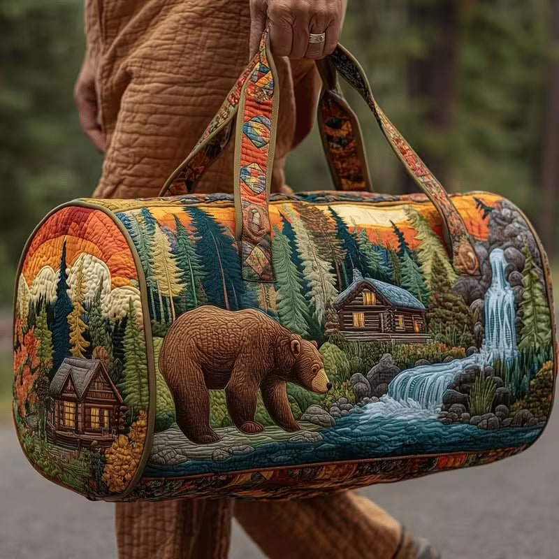 Bear + Cabin Scene Quilted Duffel Bag