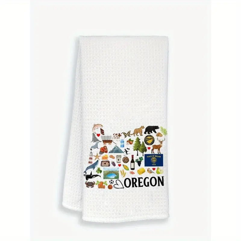 Oregon Symbols State Map Tea Towel