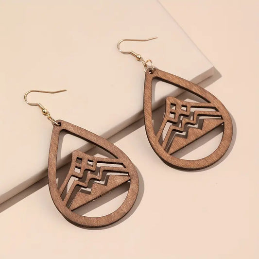 Teardrop Mountain Scene Wooden Earrings