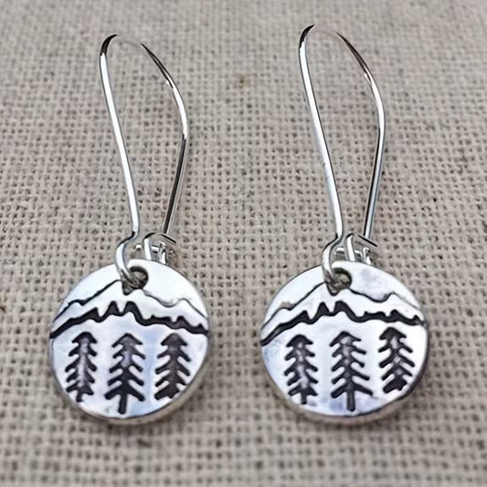 Mountain + Pine Trees Circle Metal Earrings