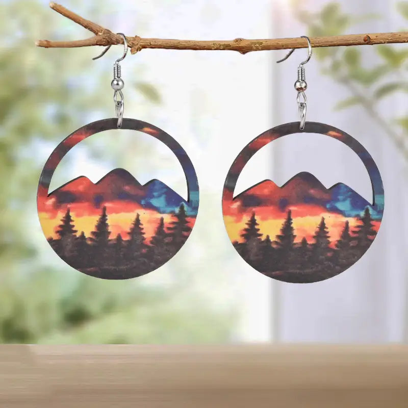 Colorful Mountain Scene Wood Earrings