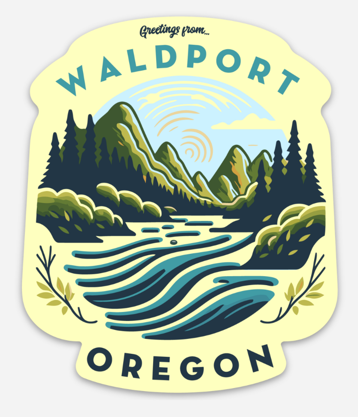 Greetings from Waldport, Oregon River Scene Badge Magnet
