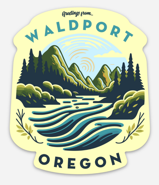 Greetings from Waldport, Oregon River Scene Badge Magnet