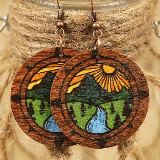 Mountain Meadow Scene Wooden Earrings
