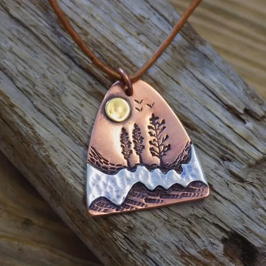 Copper Trees + Moon + Birds Necklace